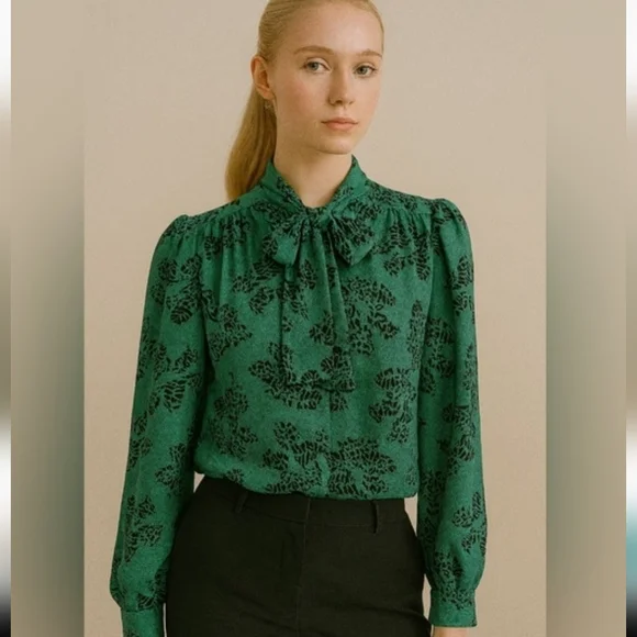 Vintage Blouse Tie Neck Secretary Pussybow Leopard Emerald Green Puff Sleeve S M - Picture 1 of 7